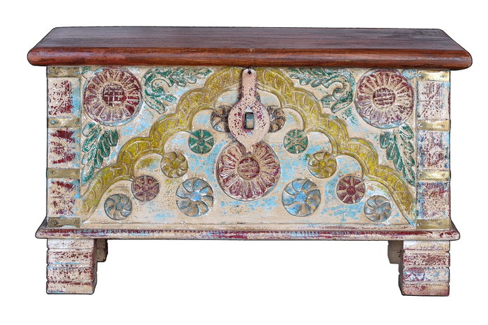 GINER Y COLOMER Bâûl coffre de rangement en bois de manguier couleur noyer, style ethnique avec détails en bronze, ouverture supérieure - 80x40x45 cm